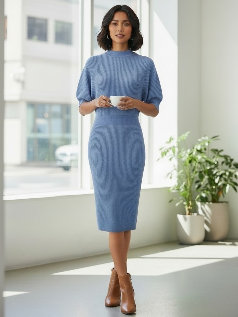 NWT ZESICA Light Blue Ribbed Mock Neck Midi Sweater Dress Size Medium